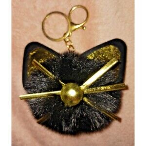 Purse Pom Pom 4" Drop Black Cat Faux Mink Fur Bling Accessory Keychain Cute
